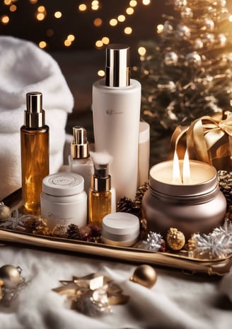 A beautifully decorated Christmas tree with gold and silver ornaments and 'Merry Christmas' signs. In front, there are skincare products labeled Noelle Australia, including body lotion and body wash, placed on a gift box wrapped in brown paper with red stars.