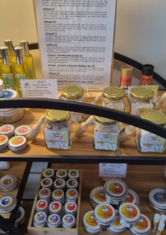 a display case with various types of products