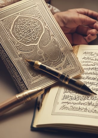 An intricate calligraphy piece featuring Arabic script is displayed on off-white paper. A wooden calligraphy pen is positioned diagonally on the right side of the paper. The calligraphy includes elegant, flowing lines and various diacritical marks.