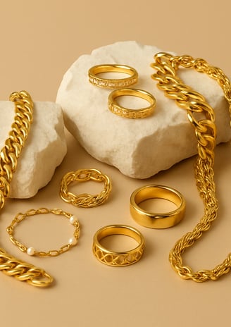 Eine Sammlung goldener Schmuckstücke, darunter Ketten, Ringe und Armbänder, ist kunstvoll auf Stücke