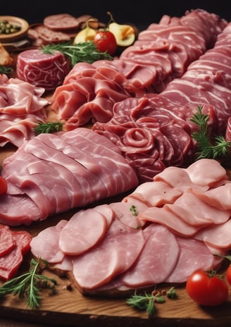 A storefront with vibrant red doors and window frames, featuring a traditional butcher shop sign that reads 'Boucherie Charcuterie' in French. A chalkboard menu is displayed outside, listing various offerings. The atmosphere suggests a quaint, classic European shop.