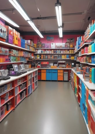 A well-organized gift shop with wooden shelves displaying a variety of products such as hats, bags, souvenirs, and other items. The shop features bright lighting and decorative plants on top of the shelves. The layout is neat, with sections for specific types of merchandise.