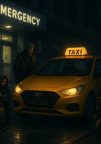 a taxi cab cab, with a man sitting on the sidewalk