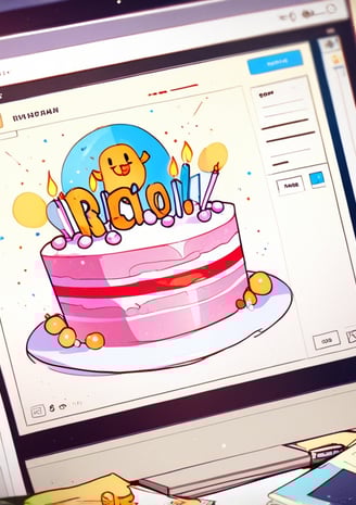 A computer screen displaying a birthday cake design on a digital art software, illustrating the crea