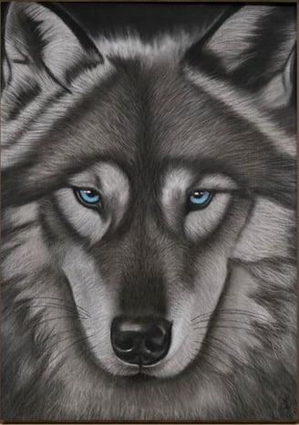 Regard de loup - dessin d'Élodie Pinchon. ce portrait de loup révèle toute la majesté de l'animal.