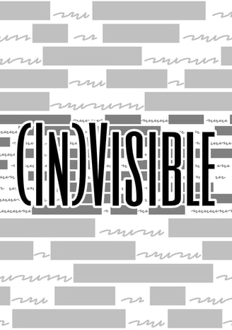 A cover of the TTRPG (In)Visible. The title is centred and backed by semi-redacted text, with the text in scribbles.