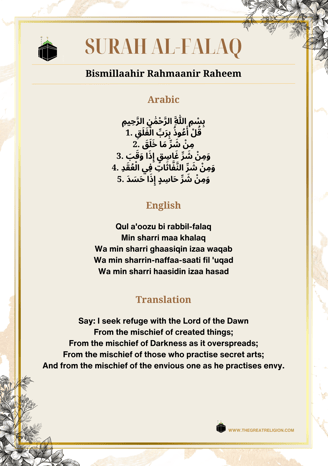 Surah Al-Falaq, English, Arabic, Translation