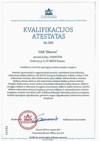 SPSC ypatingojo statinio statybos rangovo kvalifikacijos atestatas Nr. 260