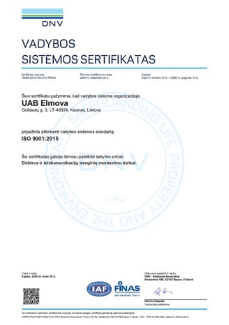 ISO 9001:2015 vadybos sistemos sertifikatas