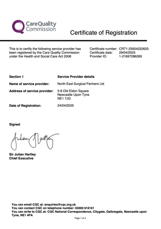 CQC certificate for Eldon Aesthetics and Skin Surgery Clinic Newcastle