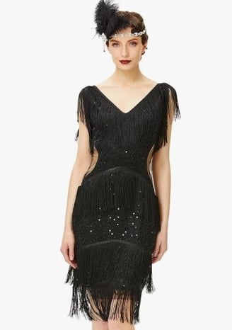 BABEYOND 1920s Black Flapper Dress V Neck Sequin Beaded Dress Roaring 20s Gatsby Fringe Party Dress