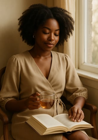Black woman reading a book in natural light, symbolizing empowerment and reflection