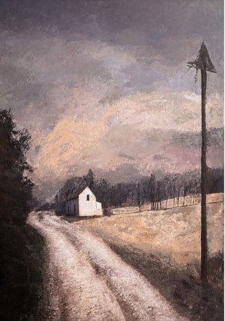 Landscape painting by Martin Osner depicting a white house along a winding dirt track with a tall wooden pole and pastel sky
