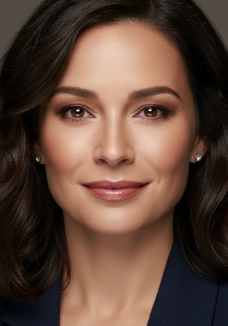 a woman in a blue suit and natural makeup