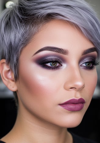 a woman with a short haircut and purple makeup