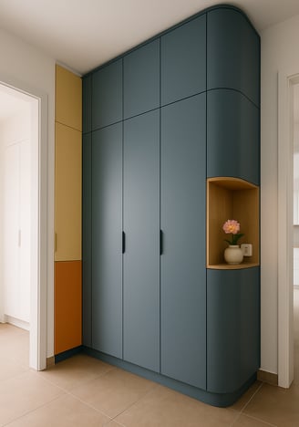 placard d'angle encastré dans une couleur bleu-gris discrète