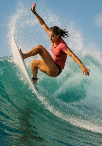 Une surfeuse réalise une figure de surf pour la journée du surf