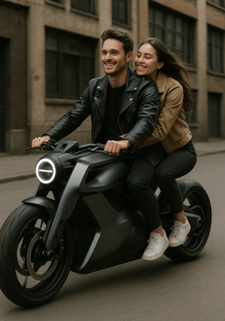 Un couple sur une moto au design futuriste pour la journée mondiale de la moto.