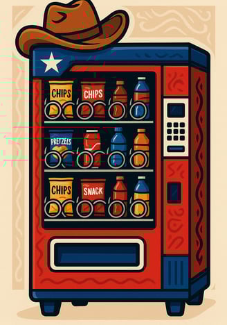 Cartoon-style vending machine stocked with snacks and drinks, decorated with a cowboy hat and Texas