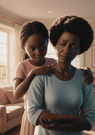una niña consuela a su madre deprimida