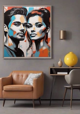 Parede decorada com quadros, proporcionando um toque artístico ao espaço.