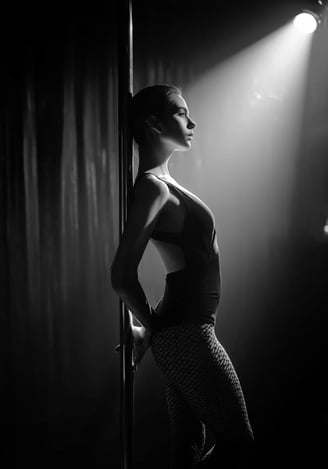 Tankotanssija nojaa tankoa vasten | Tekoälytaide | Voimaannuttavat muotokuvat | © Muse Within 2025