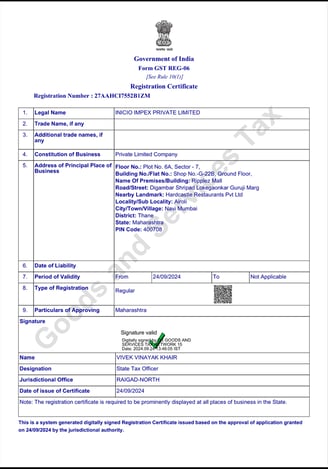 GST Registration Certificate Inicio Impex