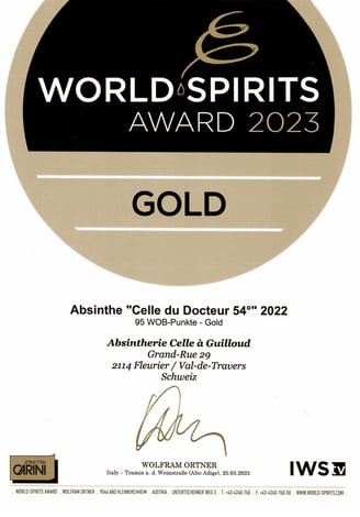 Diplome world spirit award 2023 Gold de l'absinthe celle du docteur