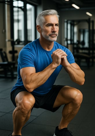 a man in a blue shirt is squatting on a gym floor