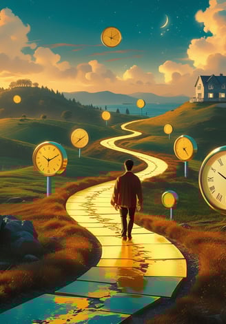A person walking down a glowing golden path surrounded by floating clocks, symbolizing the importanc