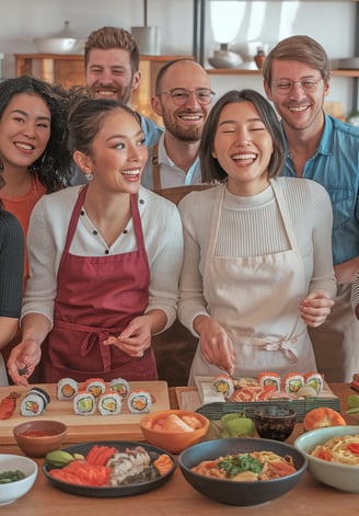 a group of people standing around a table with sushi