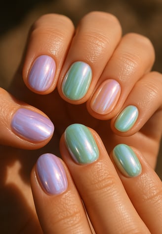 short rounded nails in pastel lavender, mint, and baby peach, all with glazed chrome finish