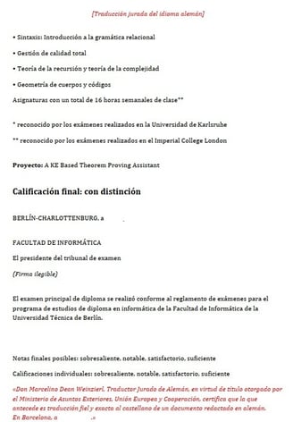 traducción jurada al español de notas Licenciatura Informática alemana