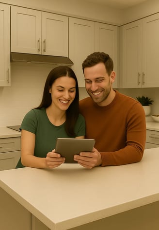 a man and woman standing in a kitchen with new shaker cabinets and zero stress