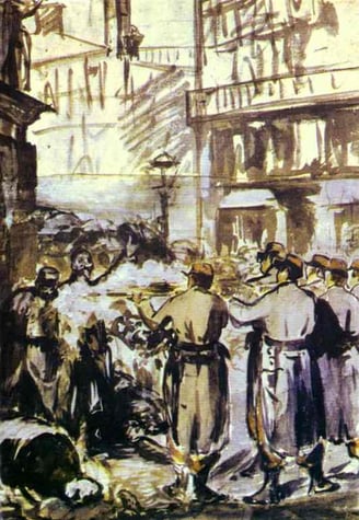 a painting of a man in uniform standing in front of a building