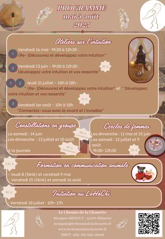 programme du Chemin de la Chouette (44) : constellations, cercles de femmes, ateliers intuition