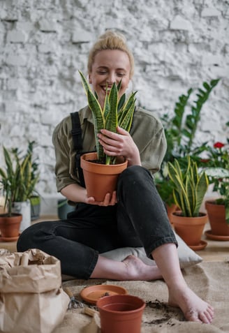 Momento zen: mulher cuidando amorosamente de suas plantas, criando um oásis de serenidade.