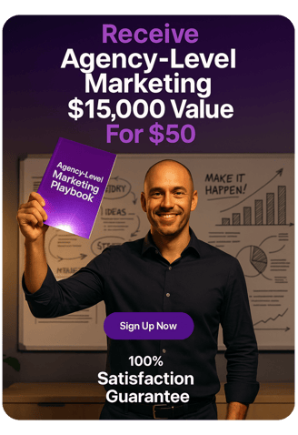 15k marketing playbook held up in the right hand of the male actor next to the actors face 