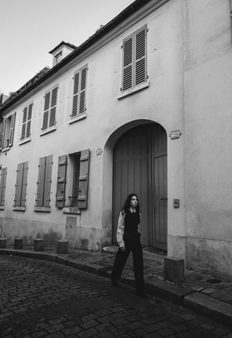 a woman in a black and white photo of a woman in a black and white
