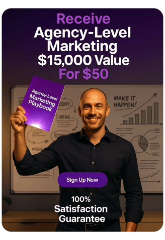 15k marketing playbook held up in the right hand of the male actor next to the actors face 