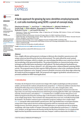 A Facile approach for growing Ag nano-dendrites employing towards E.coli cells monitoring using SERS