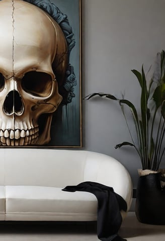 Quadro com pintura abstrata de caveira em cores vibrantes adornando uma parede branca