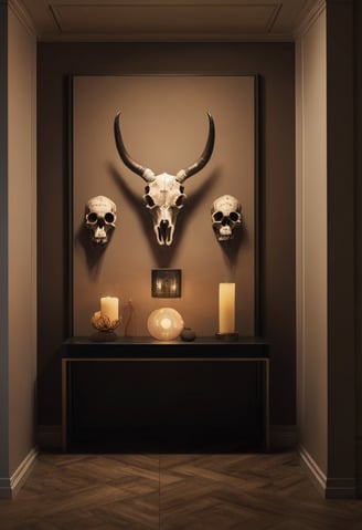 Cabeça de animal decorativa com pintura de caveira em um ambiente eclético