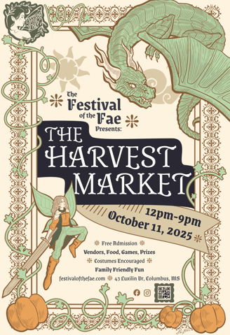 a poster for the festival of fae harvest markets on October 11.