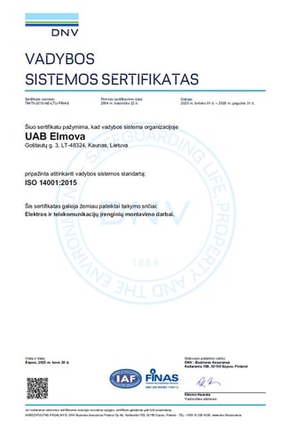 ISO 14001:2015 vadybos sistemos sertifikatas