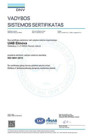 ISO 9001:2015 vadybos sistemos sertifikatas