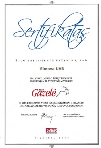 „Verslo žinių“ projekto smulkiajam ir vidutiniam verslui „Gazelė“ sertifikatas