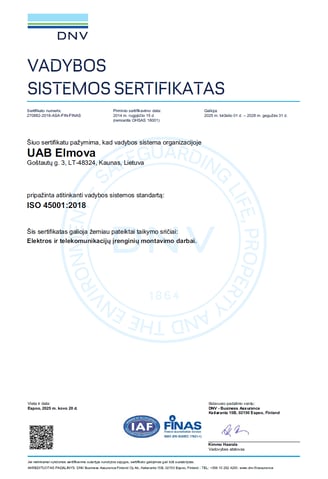 ISO 45001:2018 vadybos sistemos sertifikatas
