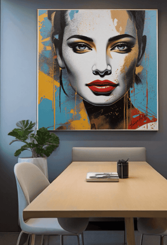 Quadro personalizado de rosto de mulher em estilo pop-art com fundo abstrato.