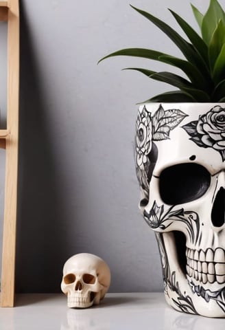 Vaso de flores com design de caveira em uma prateleira de plantas